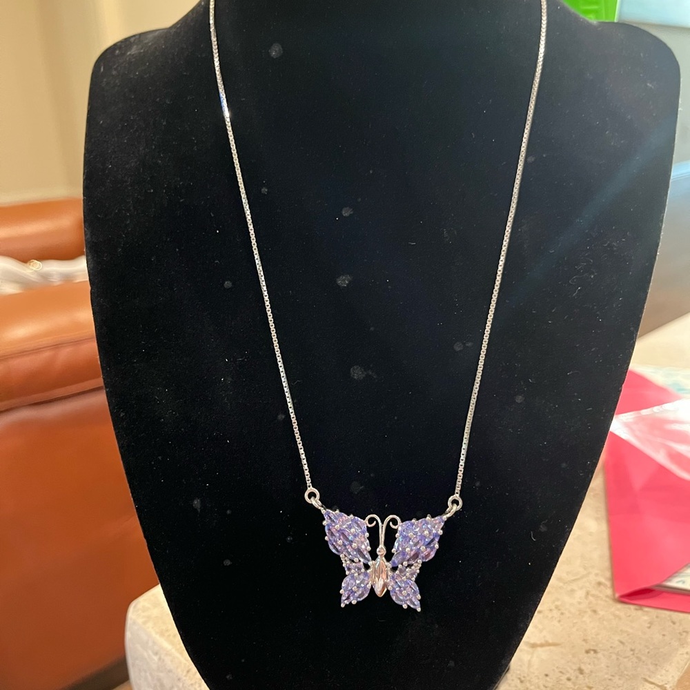 Beautiful large silver tanzanite butterfly necklace